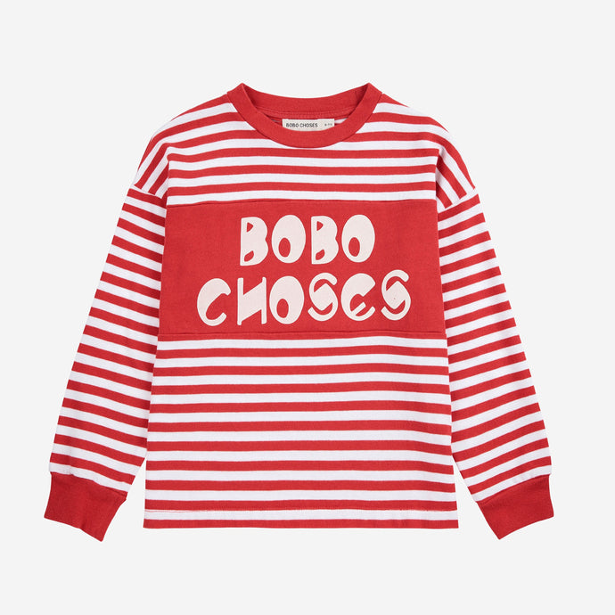 Red and white striped sweatshirt with 'BOBO CHOSES' text on a white background