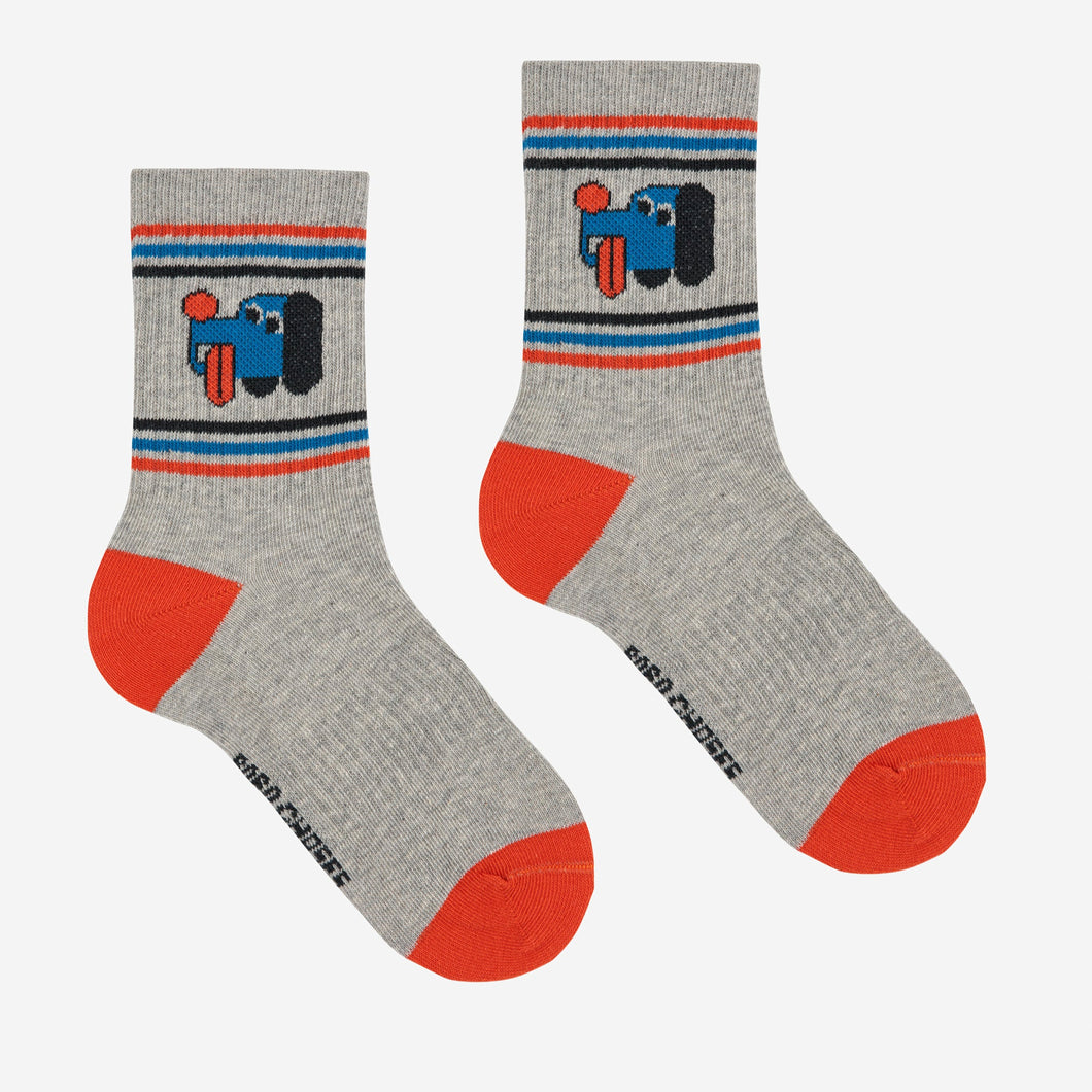 Bobo Choses grey socks with red toes and blue and red dog design