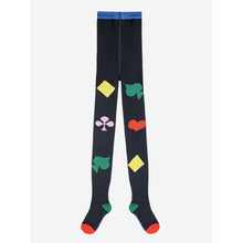 Load image into Gallery viewer, Bobo Choses navy blue tights with colourful card suit symbols 
