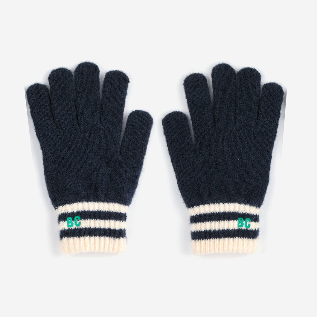Bobo Choses Pair of navy gloves with striped cuffs 