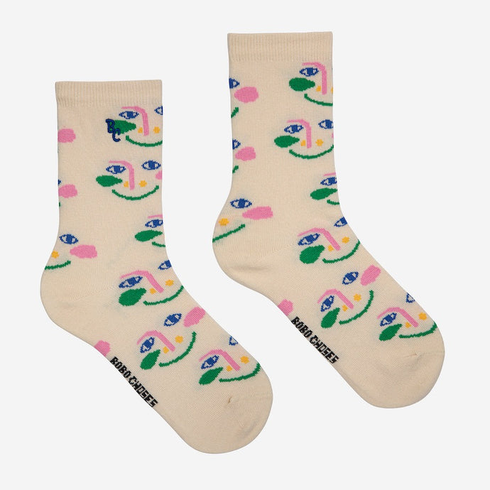 Bobo Choses - off white socks with all over smiling face print in pink and green