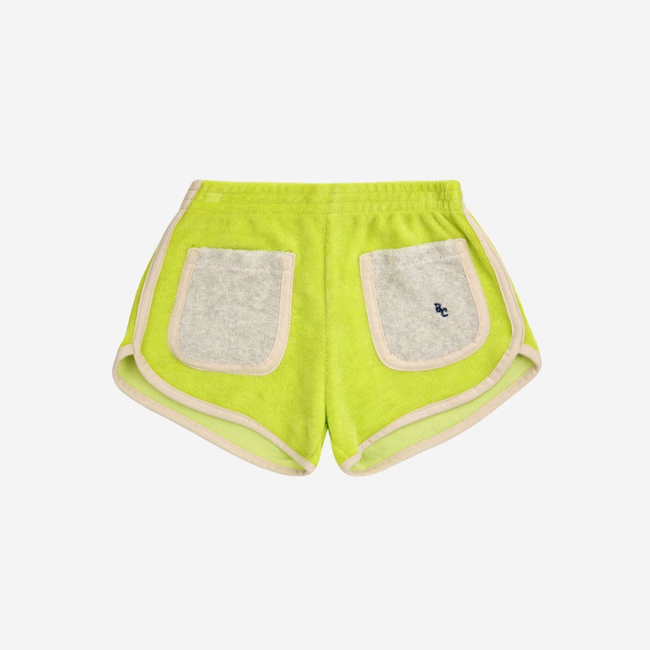 Bobo Choses - Acid green cotton terry retro fit shorts with grey front pockets