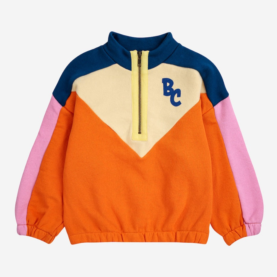 Bobo Choses - colour block half zip sweatshirt in orange, pink, pale yellow and navy blue