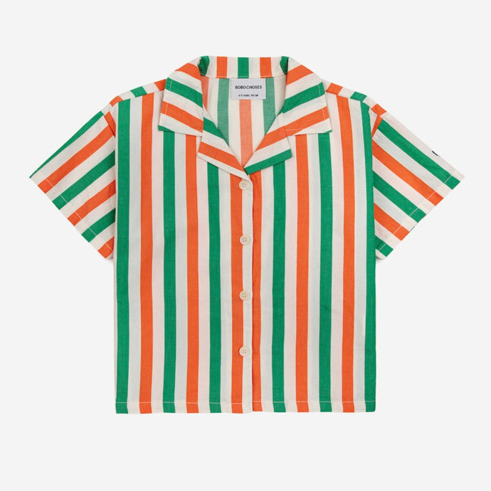 Bobo Choses - Orange and green vertical stripe short sleeve woven shirt