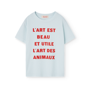 The Animals Observatory soft blue t-shirt with red word print from the new FW24 collection.