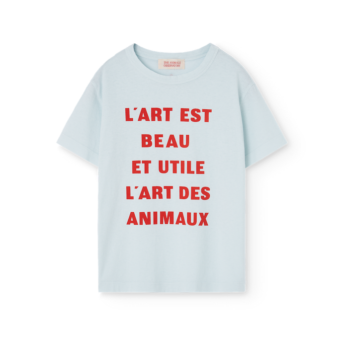 The Animals Observatory soft blue t-shirt with red word print from the new FW24 collection.