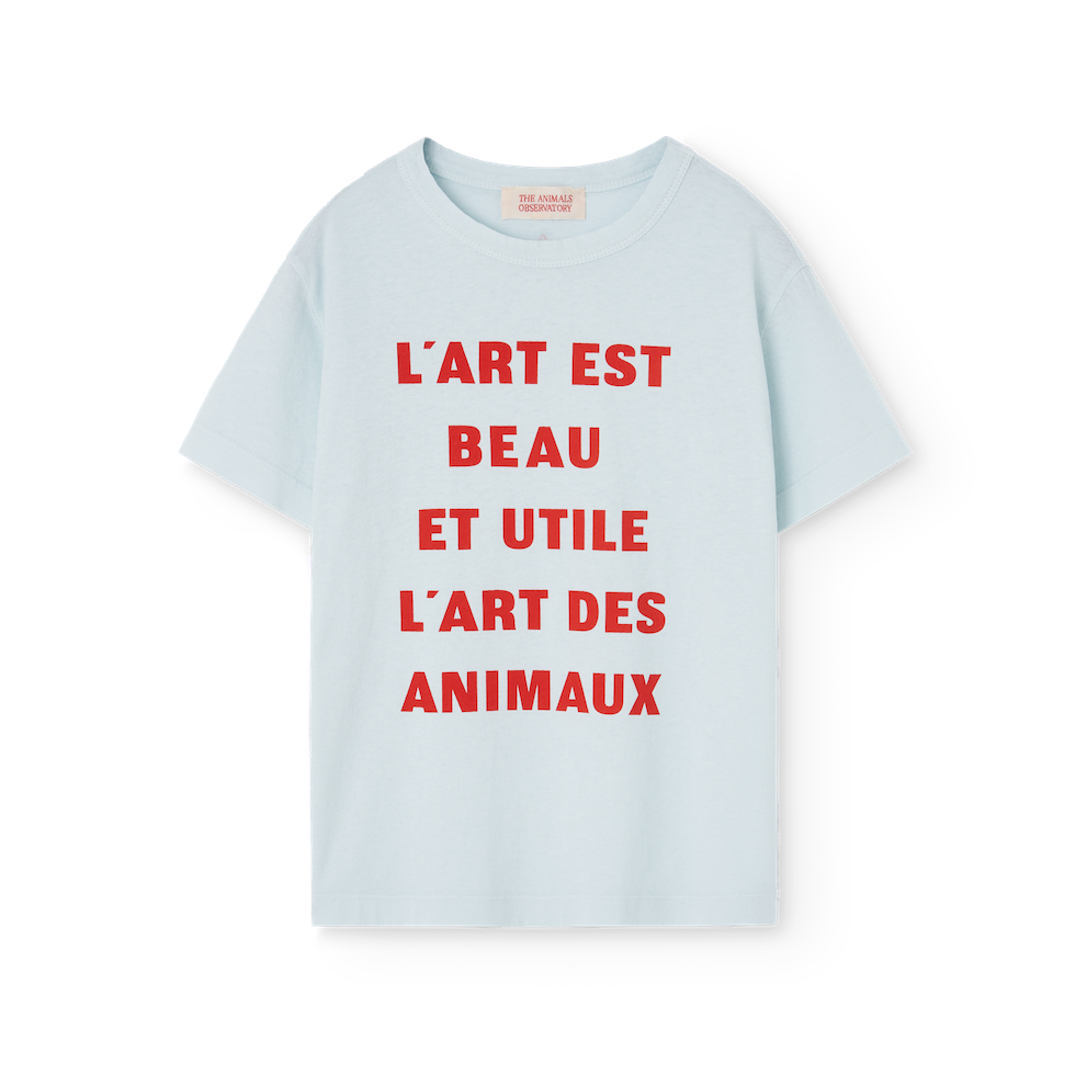 The Animals Observatory soft blue t-shirt with red word print from the new FW24 collection.