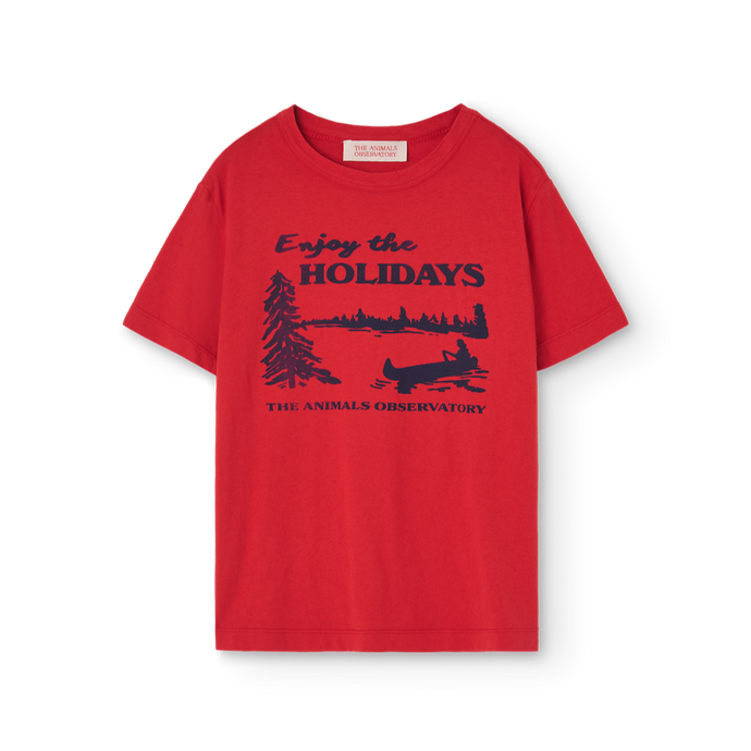 The Animals Observatory red t-shirt with 'Enjoy The Holidays' print in navy blue from the new FW24 collection.