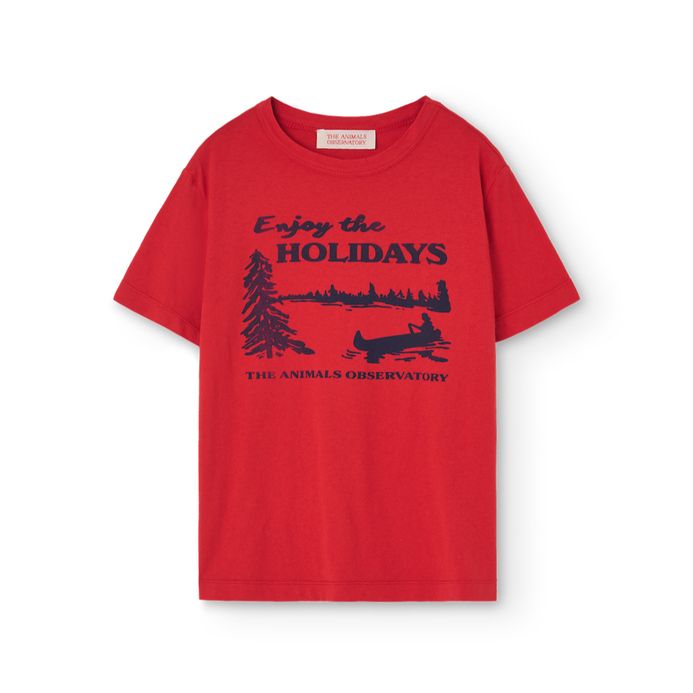 The Animals Observatory red t-shirt with 'Enjoy The Holidays' print in navy blue from the new FW24 collection.