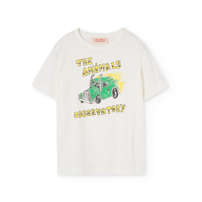 The Animals Observatory white t-shirt with 'green and yellow truck print from the new FW24 collection.