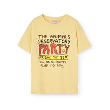 Load image into Gallery viewer, The Animals Observatory soft yellow t-shirt with red and black party invite print from the new FW24 collection.
