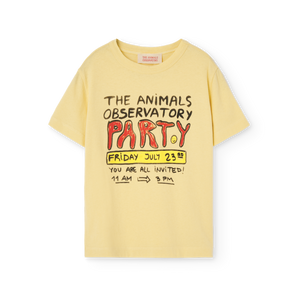 The Animals Observatory soft yellow t-shirt with red and black party invite print from the new FW24 collection.