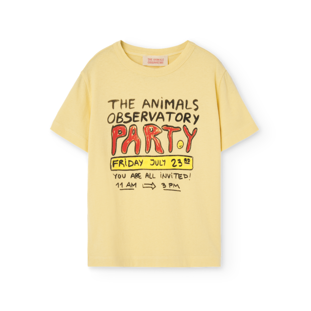 The Animals Observatory soft yellow t-shirt with red and black party invite print from the new FW24 collection.