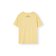 Load image into Gallery viewer, The Animals Observatory soft yellow t-shirt with red and black party invite print from the new FW24 collection.
