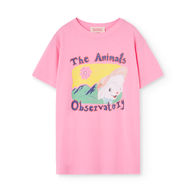 The Animals Observatory pink oversized t-shirt with illustrative lamb print from the new FW24 collection.