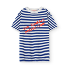 Load image into Gallery viewer, The Animals Observatory blue and white stripe oversized t-shirt with red logo print from the new FW24 collection.
