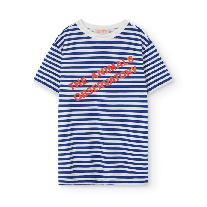 The Animals Observatory blue and white stripe oversized t-shirt with red logo print from the new FW24 collection.