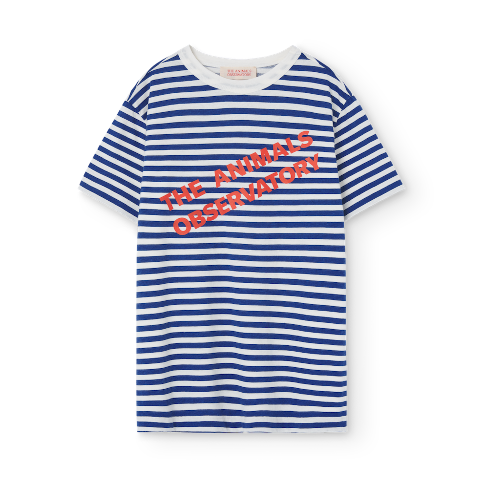 The Animals Observatory blue and white stripe oversized t-shirt with red logo print from the new FW24 collection.