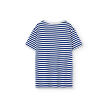 Load image into Gallery viewer, The Animals Observatory blue and white stripe oversized t-shirt with red logo print from the new FW24 collection.
