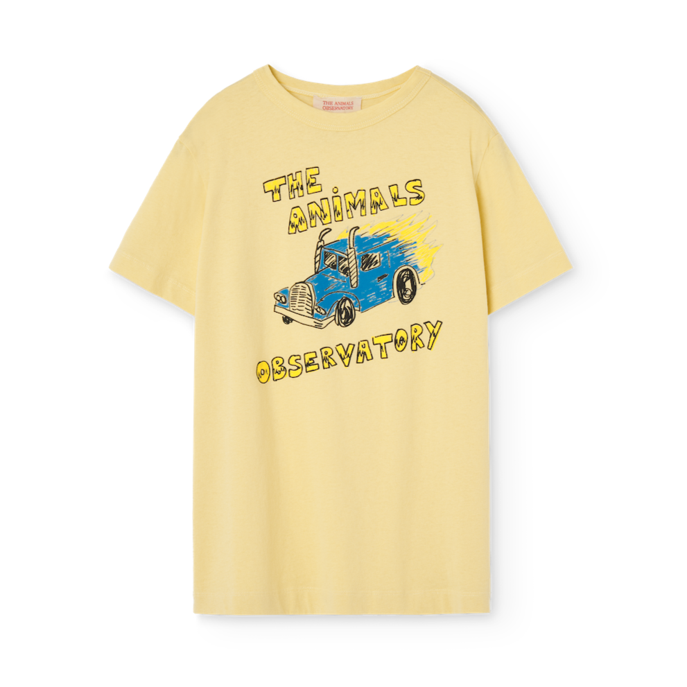 The Animals Observatory soft yellow oversized t-shirt with blue truck print from the new FW24 collection.