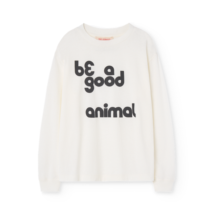 The Animals Observatory white long sleeve top with 'Be a Good Animal' print in black from the new FW24 collection.