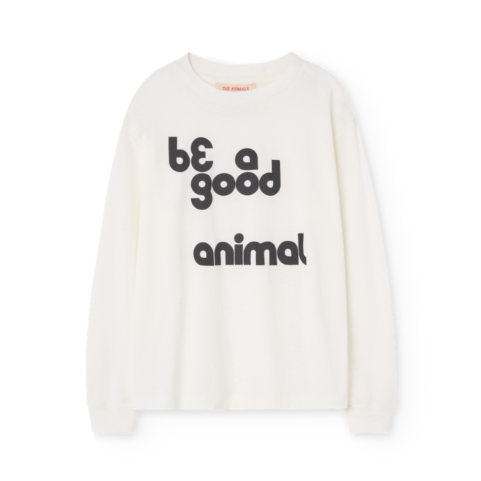 The Animals Observatory white long sleeve top with 'Be a Good Animal' print in black from the new FW24 collection.