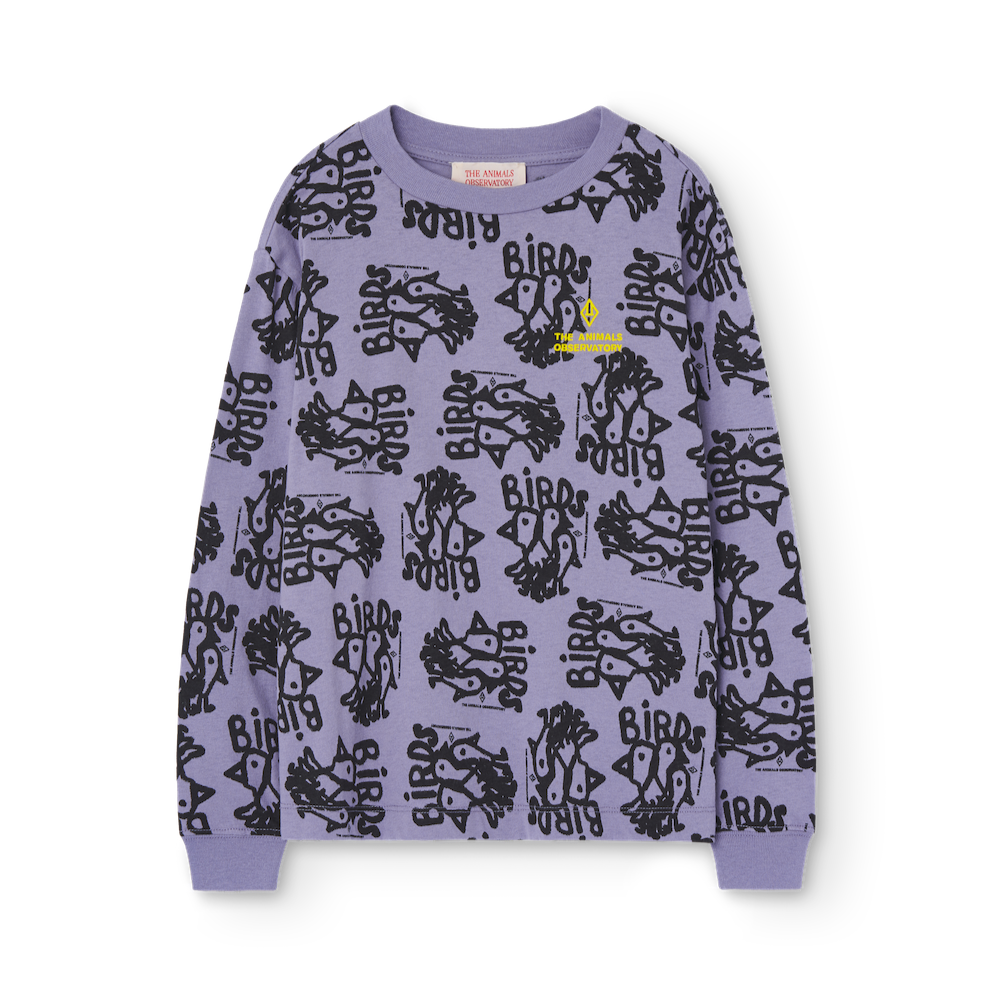 The Animals Observatory purple long sleeve top with all over birds print in black from the new FW24 collection.