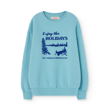 Load image into Gallery viewer, The Animals Observatory blue sweatshirt with &#39;Enjoy The Holidays&#39; print in blue from the new FW24 collection.
