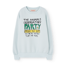 Load image into Gallery viewer, The Animals Observatory soft blue sweatshirt with &#39;The Animals Observatory Party&#39; print in green and yellow from the new FW24 collection.
