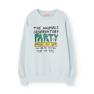 The Animals Observatory soft blue sweatshirt with 'The Animals Observatory Party' print in green and yellow from the new FW24 collection.