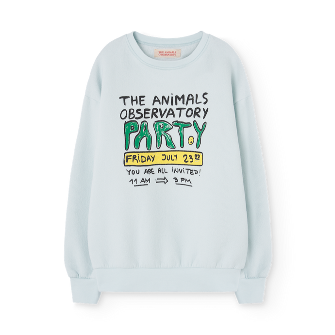 The Animals Observatory soft blue sweatshirt with 'The Animals Observatory Party' print in green and yellow from the new FW24 collection.