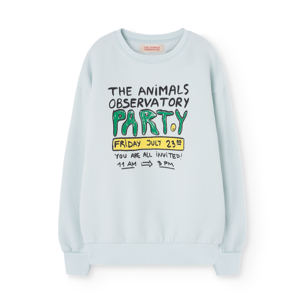 The Animals Observatory soft blue sweatshirt with 'The Animals Observatory Party' print in green and yellow from the new FW24 collection.