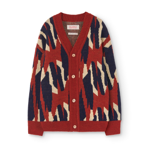 The Animals Observatory arty cardigan in maroon, navy and cream from the new FW24 collection.