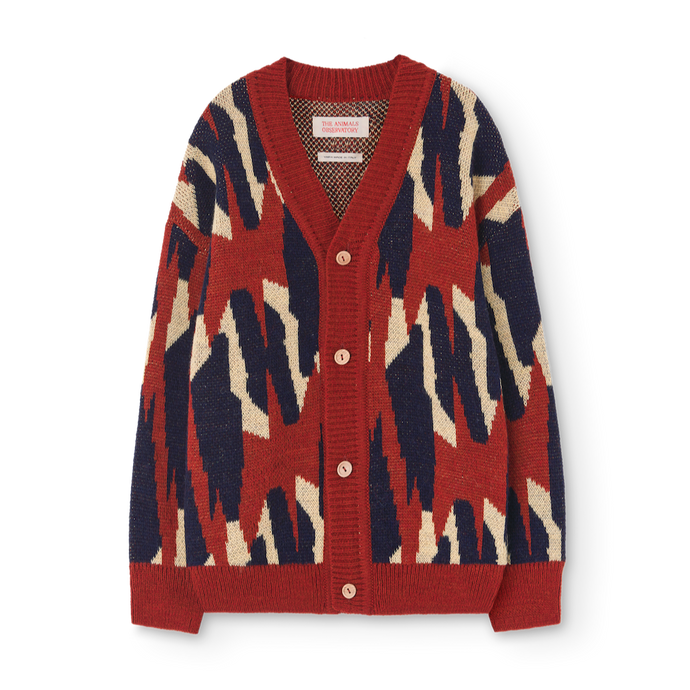 The Animals Observatory arty cardigan in maroon, navy and cream from the new FW24 collection.