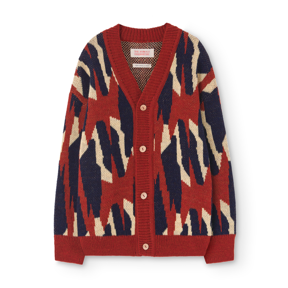 The Animals Observatory arty cardigan in maroon, navy and cream from the new FW24 collection.