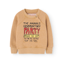 Load image into Gallery viewer, The Animals Observatory soft brown baby sweatshirt with &#39;The Animals Observatory party&#39; print in red and yellow from the new FW24 collection.
