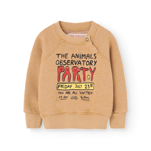 The Animals Observatory soft brown baby sweatshirt with 'The Animals Observatory party' print in red and yellow from the new FW24 collection.