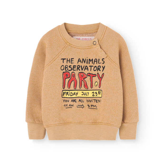 The Animals Observatory soft brown baby sweatshirt with 'The Animals Observatory party' print in red and yellow from the new FW24 collection.