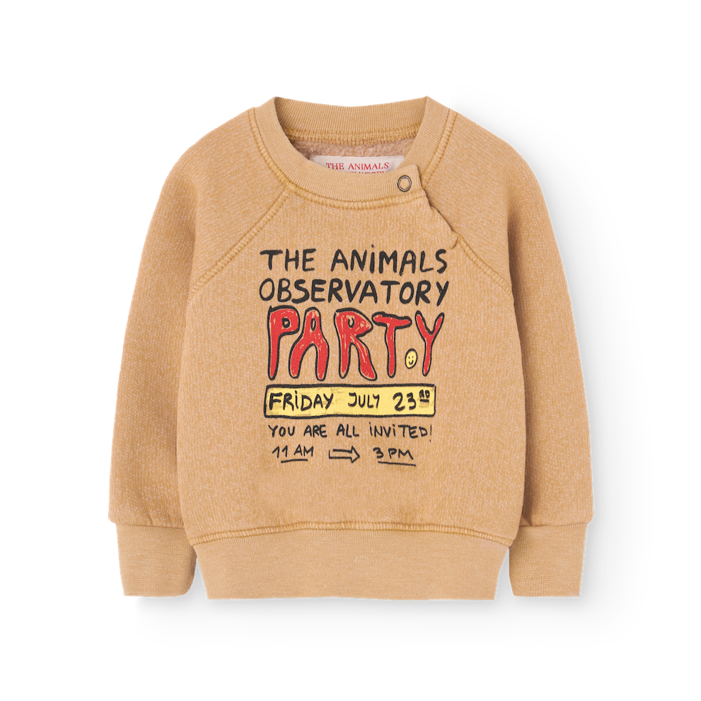 The Animals Observatory soft brown baby sweatshirt with 'The Animals Observatory party' print in red and yellow from the new FW24 collection.