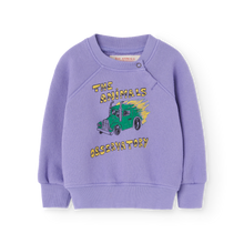 Load image into Gallery viewer, The Animals Observatory purple baby sweatshirt with green truck print from the new FW24 collection.
