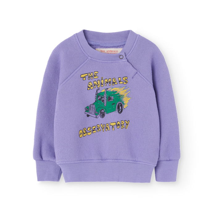 The Animals Observatory purple baby sweatshirt with green truck print from the new FW24 collection.