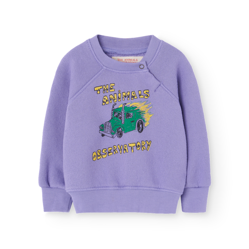 The Animals Observatory purple baby sweatshirt with green truck print from the new FW24 collection.