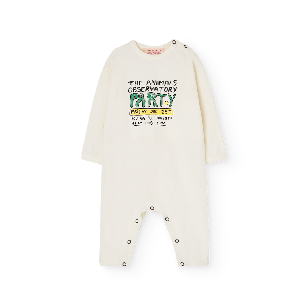 The Animals Observatory off white baby sleepsuit with 'The Animals Observatory Party' print in yellow and green from the new FW24 collection.