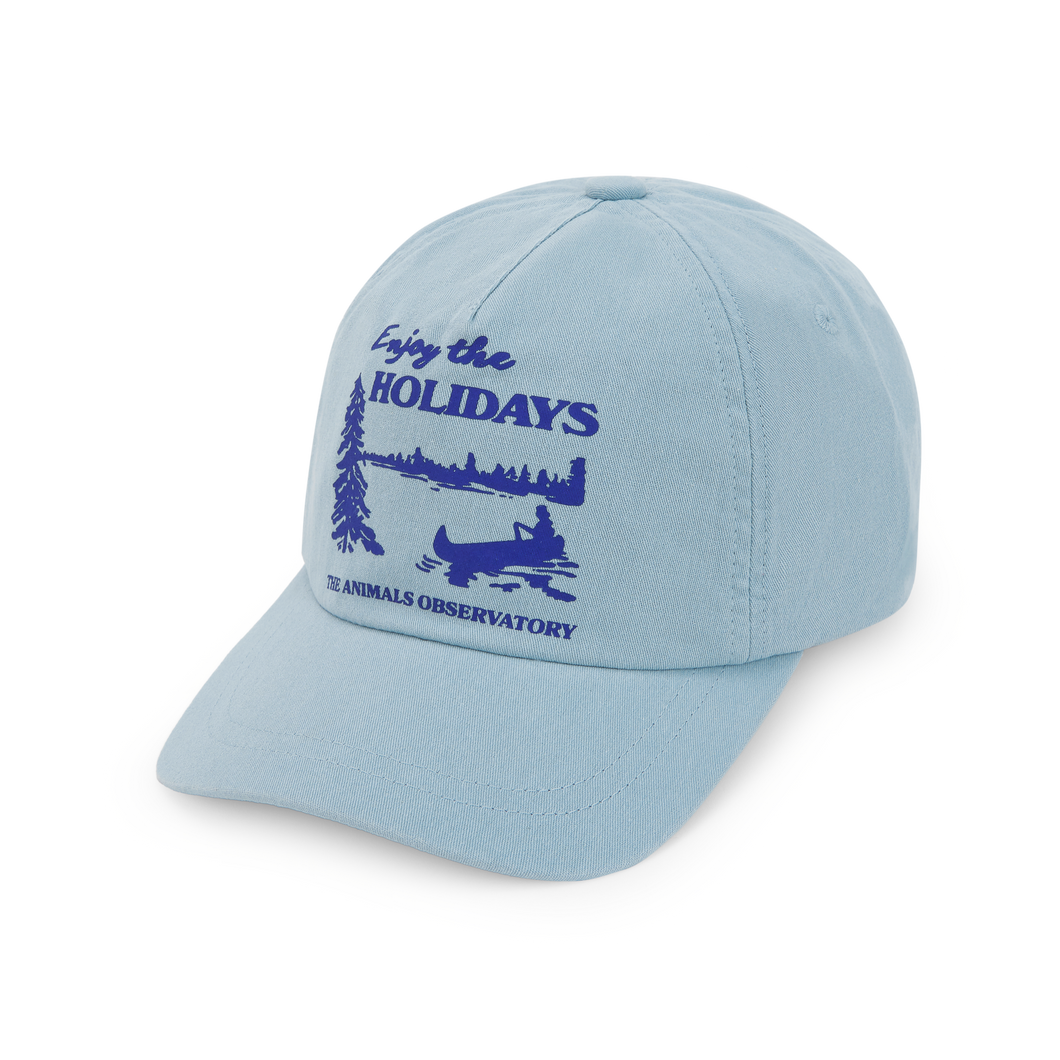 The Animals Observatory blue cap with 'Enjoy The Holidays' print on the front from the new FW24 collection. 