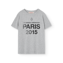 Load image into Gallery viewer, Children&#39;s grey t-shirt with &#39;The Animals Observatory Paris 2015&#39; print and yellow sun print on the back
