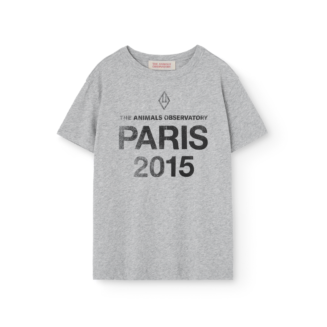 Children's grey t-shirt with 'The Animals Observatory Paris 2015' print and yellow sun print on the back
