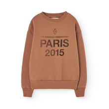 Load image into Gallery viewer, The Animals Observatory Brown sweatshirt with &#39;PARIS 2015&#39; logo on the front and yellow sun print on the back

