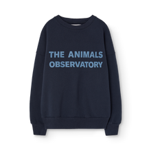 Load image into Gallery viewer, Children&#39;s Navy blue sweatshirt with &#39;The Animals Observatory&#39; logo in lighter blue
