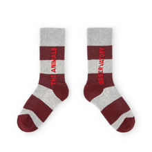 Load image into Gallery viewer, Grey and maroon stripe socks with &#39;The Animals Observatory&#39;  logo
