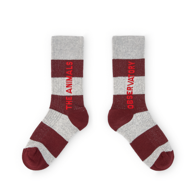 Grey and maroon stripe socks with 'The Animals Observatory'  logo